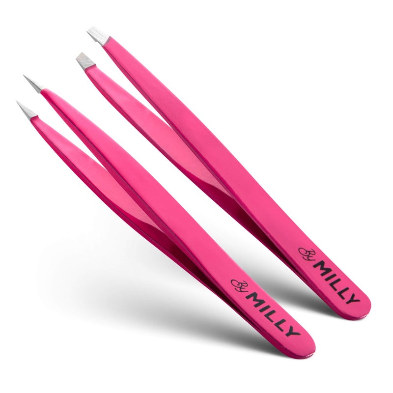 By MILLY Precision Tweezers Set  Slanted and Pointed Tip Tweezers Kit  High Carbon Stainless Steel  Aligned  HandFiled Tweezer Set Professional  Hair Removal  Eyebrow Tweezer Set  Pink